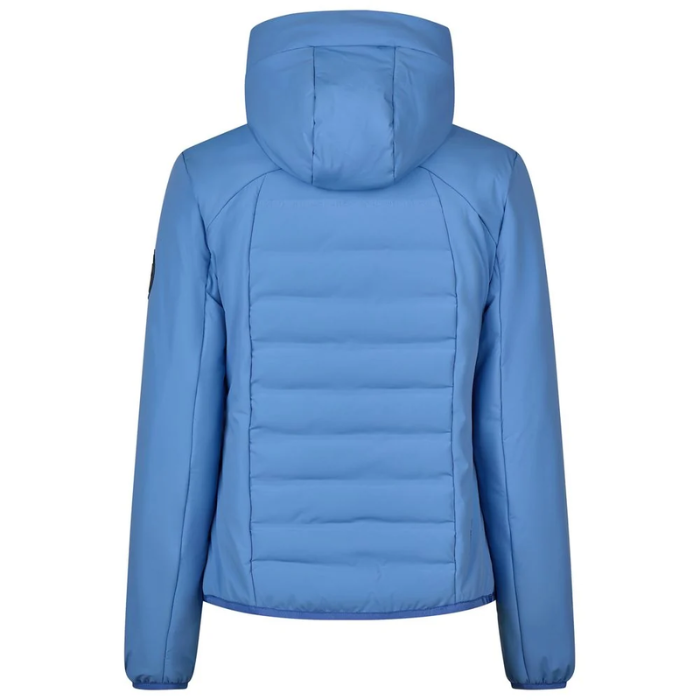Pikeur AW26 Athleisure Quilted FlexJacket Variant Electric Blue. A light blue hooded puffer jacket shown from the back, featuring horizontal quilting and a clean silhouette, set against a plain white background.