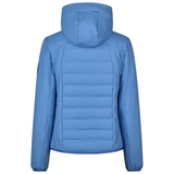 Pikeur AW26 Athleisure Quilted FlexJacket Variant Electric Blue. A light blue hooded puffer jacket shown from the back, featuring horizontal quilting and a clean silhouette, set against a plain white background.