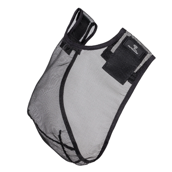 Black mesh pouch with a brand logo on a white background