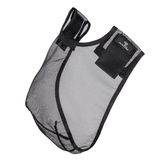 Black mesh pouch with a brand logo on a white background