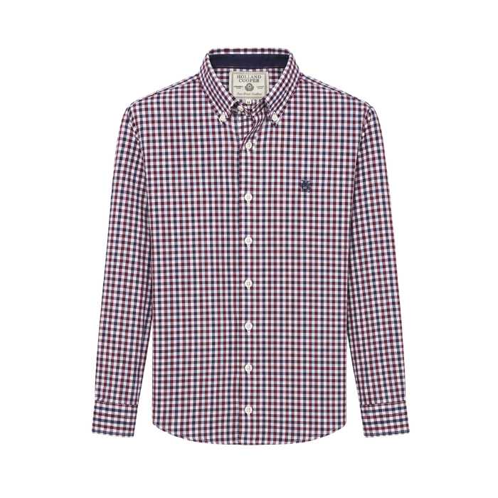 Holland Cooper Men's Classic Fit Brushed Cotton Shirt Variant portland Red Check. A long-sleeve button-down shirt with a red, white, and blue gingham check pattern, featuring a small embroidered crest on the left chest.