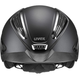 Matt black riding hat with chrome vents on white background 'Uvex'