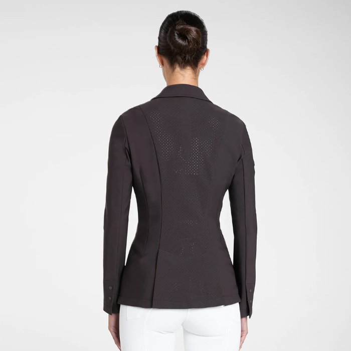 Aztec Diamond Competition Jacket Variant Espresso. Back of lady wearing a fitted Brown show Jacket with a mesh back panel on a white background. 