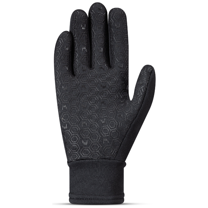 A single black winter glove with a textured, hexagonal pattern on the back of the hand and a ribbed elastic cuff, shown against a plain white background.
