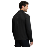 A man wearing a black textured quarter-zip pullover jacket, shown from the back three-quarter view against a solid white background. The brand name 'LEMIEUX' is printed vertically in a subtle dark gray on the upper back.