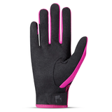 Inside of a pink glove with a Black handprint on a white background.