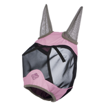 Pink and black horse fly mask on a white background