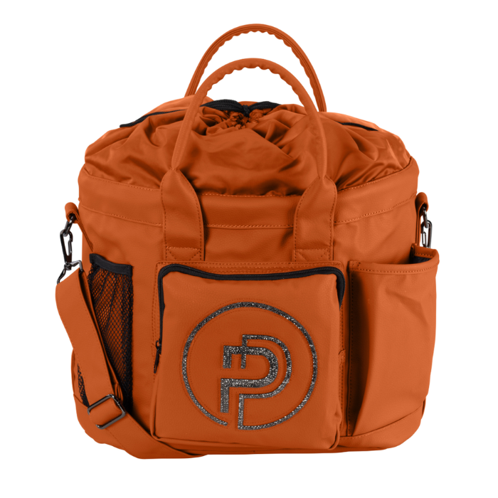 Eskadron Faux Leather Accessories Bag Varient Amber. A Amber drawstring duffel bag with top handles, side mesh pockets, and a front pocket featuring a glittery circular 'P' logo, shown on a white background.