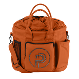Eskadron Faux Leather Accessories Bag Varient Amber. A Amber drawstring duffel bag with top handles, side mesh pockets, and a front pocket featuring a glittery circular 'P' logo, shown on a white background.