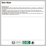 A white product information card for Skin Wash with black text detailing directions of use, including hot towel wash, cool wash, and concentrated use. The bottom of the card features certification logos for ISO 9001, Reduce Waste Recycle, and Btula.