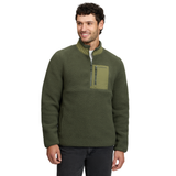 LeMieux AW26 Mens Borg Half Zip Sweat Varient Olive. A man wearing an olive green fleece pullover jacket with a half-zip collar and a chest pocket, photographed against a plain white background.
