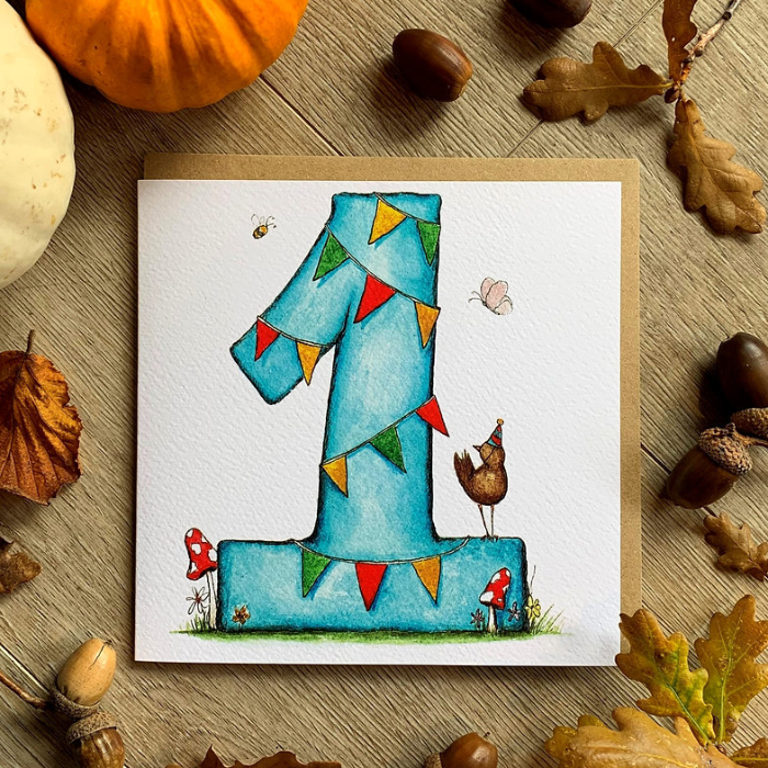 Greetings card on autumnal background 'Blue numbe 1'