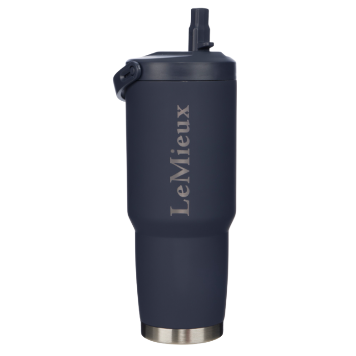 LeMieux AW26 Sports Flip Cup Varient Navy. A dark navy blue LeMieux ttumbler with a matching lid and straw, featuring the brand name 'LeMieux' printed vertically in silver on the front, set against a plain white background.