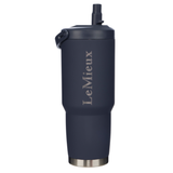LeMieux AW26 Sports Flip Cup Varient Navy. A dark navy blue LeMieux ttumbler with a matching lid and straw, featuring the brand name 'LeMieux' printed vertically in silver on the front, set against a plain white background.