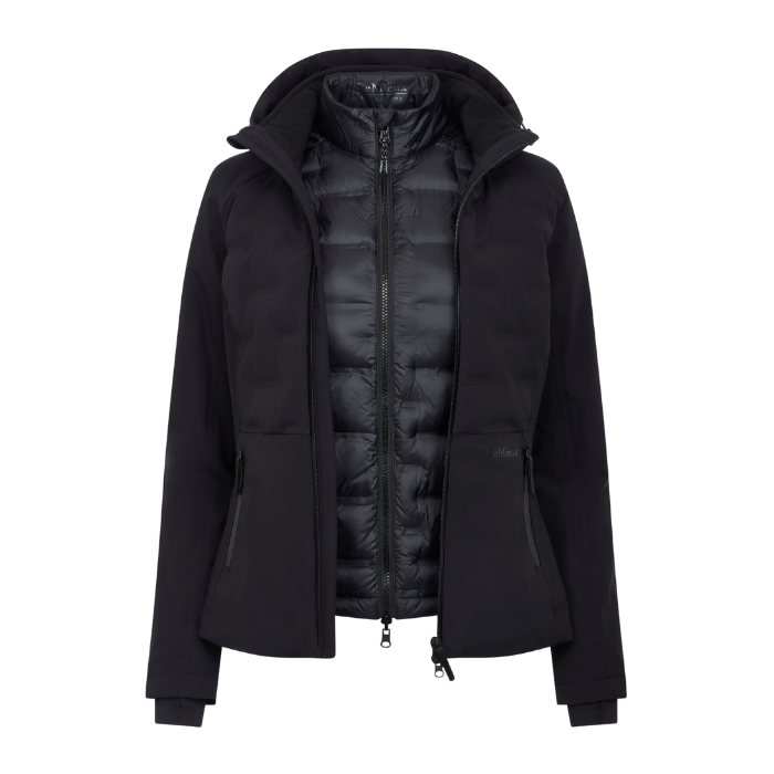 LeMieux AW26 Brooke 3 in 1 Waterproof Hybrid Jacket Varient Black. A black hooded puffer jacket with a quilted inner layer, shown against a plain white background.