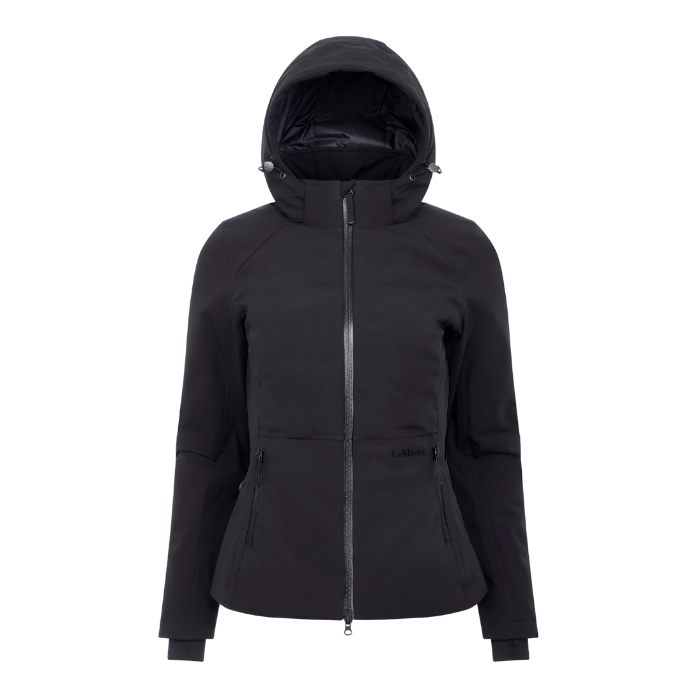 LeMieux AW26 Brooke 3 in 1 Waterproof Hybrid Jacket Varient Black. A black hooded jacket with a full front zipper, shown on a plain white background.