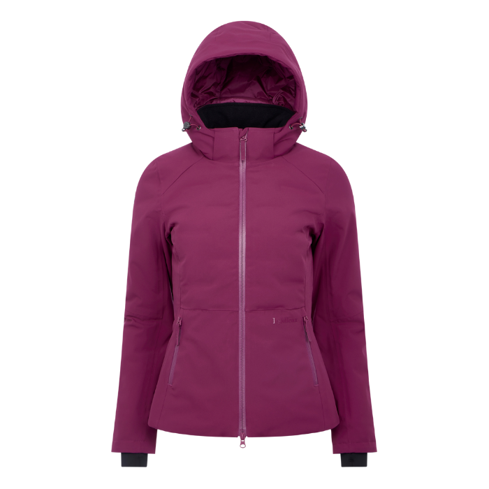 LeMieux AW26 Brooke 3 in 1 Waterproof Hybrid Jacket Varient Blackberry. A women's hooded jacket in a deep berry purple color, featuring a full-length front zipper, zippered hand pockets, and adjustable cuffs, shown against a plain white background.