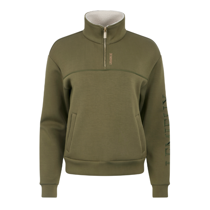 LeMieux AW26 Scarlet Quarter Zip Sweat Variant Colour Willow Green.
A quarter-zip sweatshirt with a high stand-up collar, side pockets, and vertical branding text on the right sleeve, shown against a plain white background.