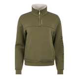 LeMieux AW26 Scarlet Quarter Zip Sweat Variant Colour Willow Green.
A quarter-zip sweatshirt with a high stand-up collar, side pockets, and vertical branding text on the right sleeve, shown against a plain white background.