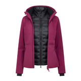 LeMieux AW26 Brooke 3 in 1 Waterproof Hybrid Jacket Varient Blackberry. A women's hooded jacket in a deep magenta pink, featuring a black puffer lining visible through the open front zipper. The jacket has zippered hand pockets and is shown against a plain white background.