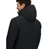 LeMieux AW26 Mens Waterproof Training Coat Varient Black. Man wearing black coat with hood and LeMieux branding from the back on a white background. 