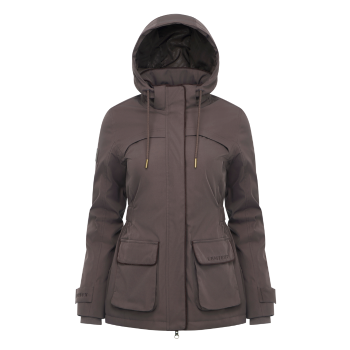 LeMieux AW26 Heritage Beatrice Waterproof Coat Varient Cocoa. A dark brown hooded jacket with multiple front pockets and drawstrings, shown on a plain white background.