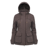 LeMieux AW26 Heritage Beatrice Waterproof Coat Varient Cocoa. A dark brown hooded jacket with multiple front pockets and drawstrings, shown on a plain white background.