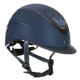 Navy riding hat with glitter on the front of the panel on a white background.  
