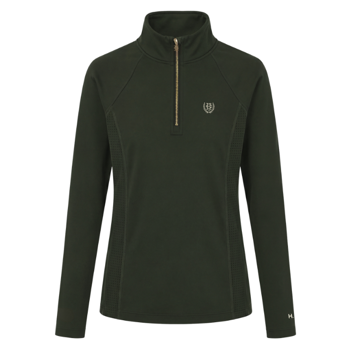 A Holland Cooper Cranborne Long Sleeve Base Layer Variant Colour Dark Olive. 
A dark green long-sleeve fleece jacket with a high folded collar, shown from the back on a plain white background.