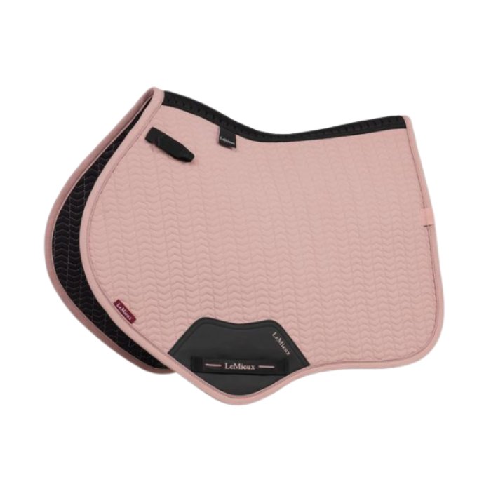 LeMieux AW26 Essence Close Contact Square Varient Wild Rose. Dusy pink close contact saddle pad with black detailing on a white background. 