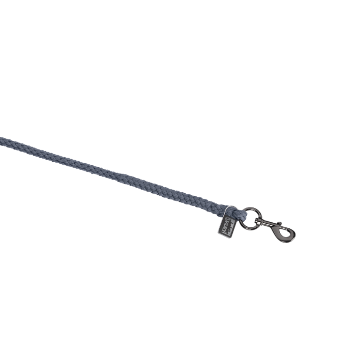 A close-up of a dark gray braided rope with a black metal swivel snap hook and a small branded tag, shown on a plain white background.