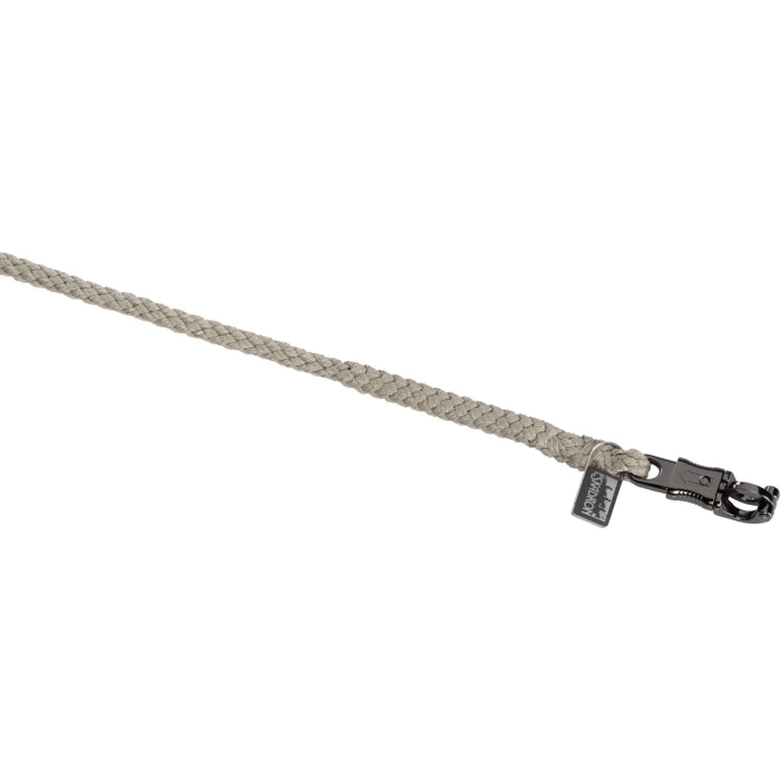 Beige horse lead with a black clip on a white background