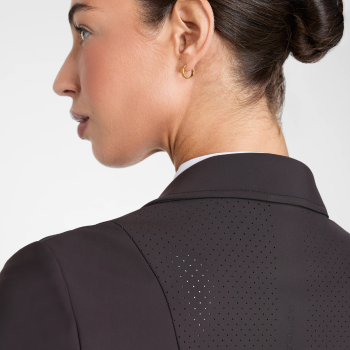 Aztec Diamond Competition Jacket Variant Espresso. Close up of lady wearing a brown show jacket with a collar and mesh back panel on a white background.