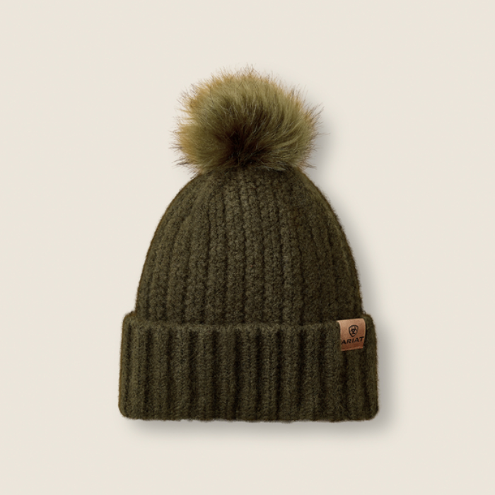 Ariat Woman's Chilton Beanie Varient Olive. Olive beanie with a brown Ariat logo on a beige background. 