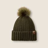 Ariat Woman's Chilton Beanie Varient Olive. Olive beanie with a brown Ariat logo on a beige background. 