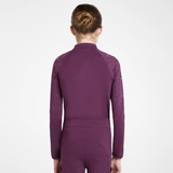 A child model shown from the back wearing a long-sleeve base layer in a deep plum purple color, featuring perforated details on the upper arms, against a plain white studio background.