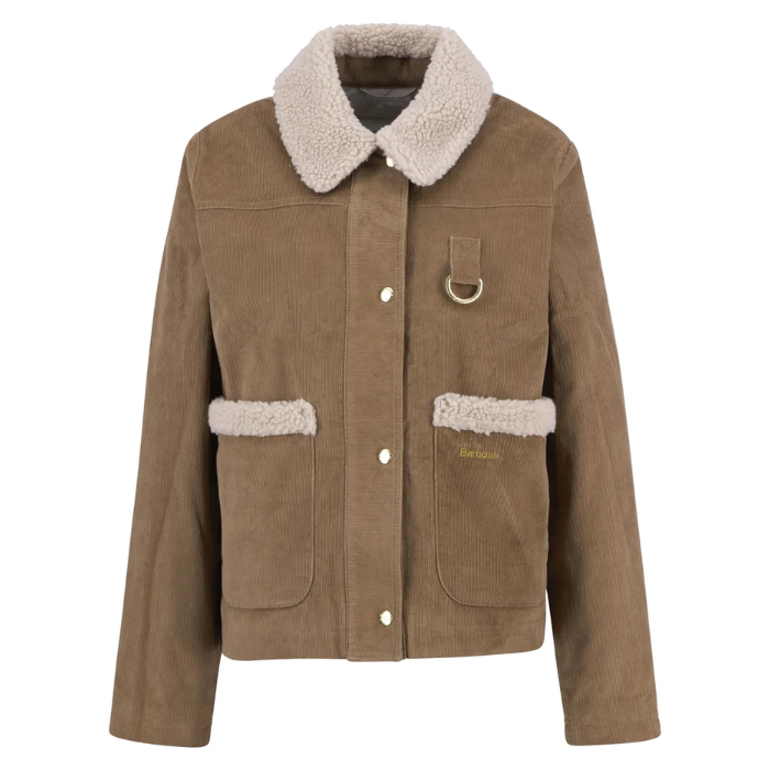 Brown causal Barbour jacket with shearling collar and pockets on a white background