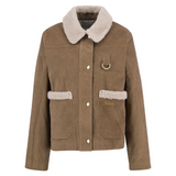 Brown causal Barbour jacket with shearling collar and pockets on a white background