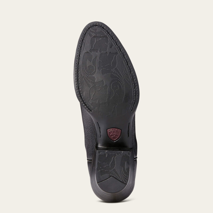 Ariat Ladies Heritage R Toe Western Boot Variant Colour Black Deertan. The Sole of a Western boot with decorative stitching with R shaped toe on light cream background. 