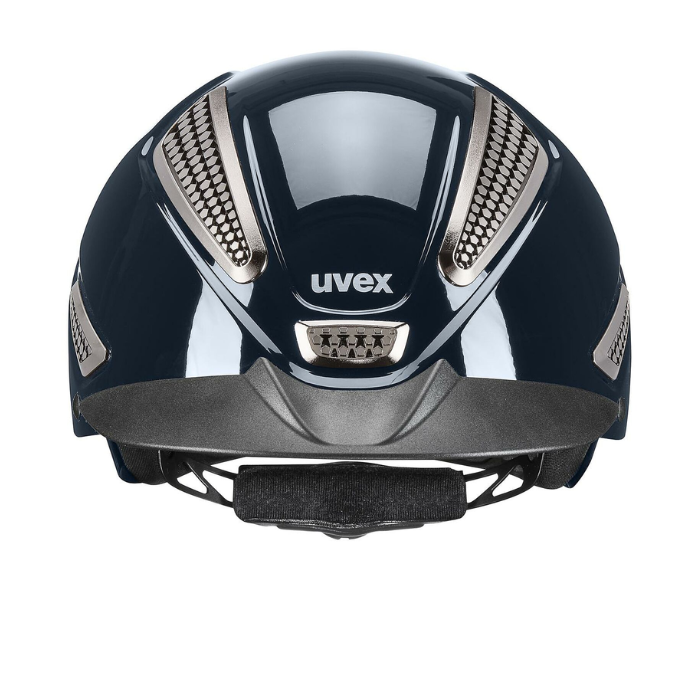 Navy riding helmet with silver accents and 'uvex' branding on a white background