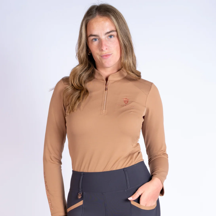 Blackfort Cool Mesh Baselayer AW26-Longsleeve Variant Caramel. Caramel coloured long sleeve base layer with gold detailing agaisnt a white background. 