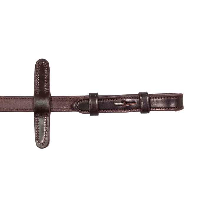 Close up of black rein billet fastner on white background