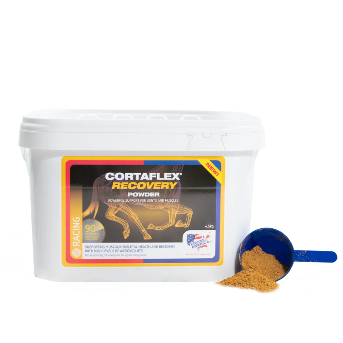 Equine America Cortaflex Recovery Powder Variant 4.5kg. A white plastic tub of Cortaflex Recovery Powder with a blue scoop filled with tan powder placed in front on a white background.