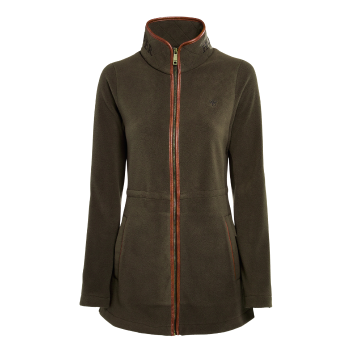 Holland Cooper Country Longline Fleece Varient Khaki. Longsleeve khaki fleece with a high collar and brown zip detailing. 
