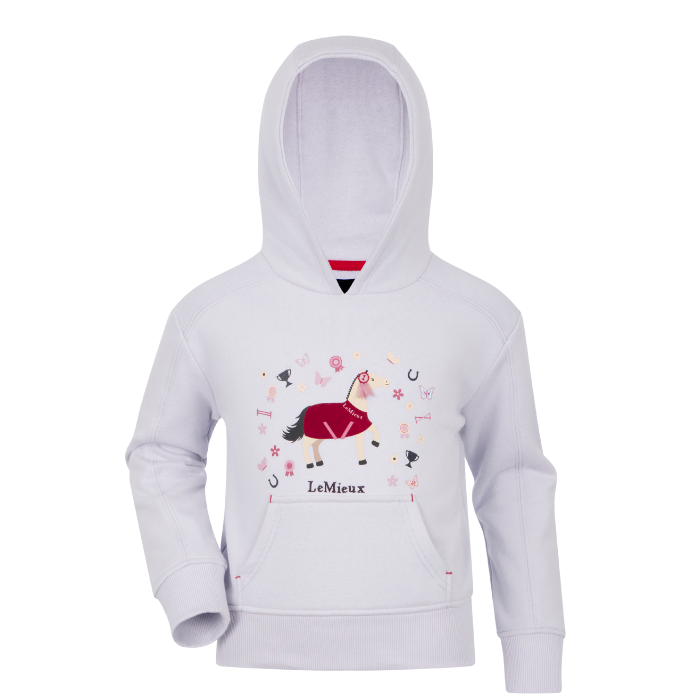 Lilac hoodie with a graphic horse design on a white background