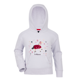 Lilac hoodie with a graphic horse design on a white background