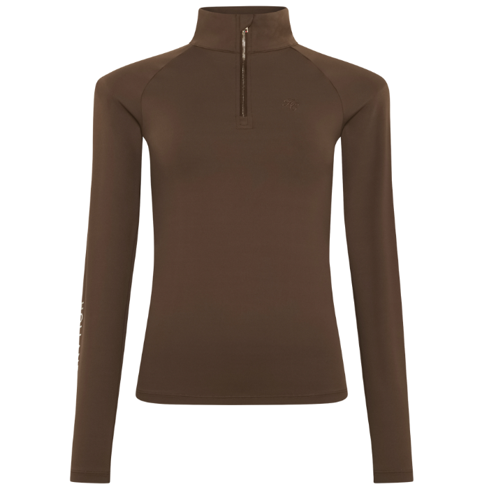 Brown long-sleeve shirt with a quarter zip on a white background