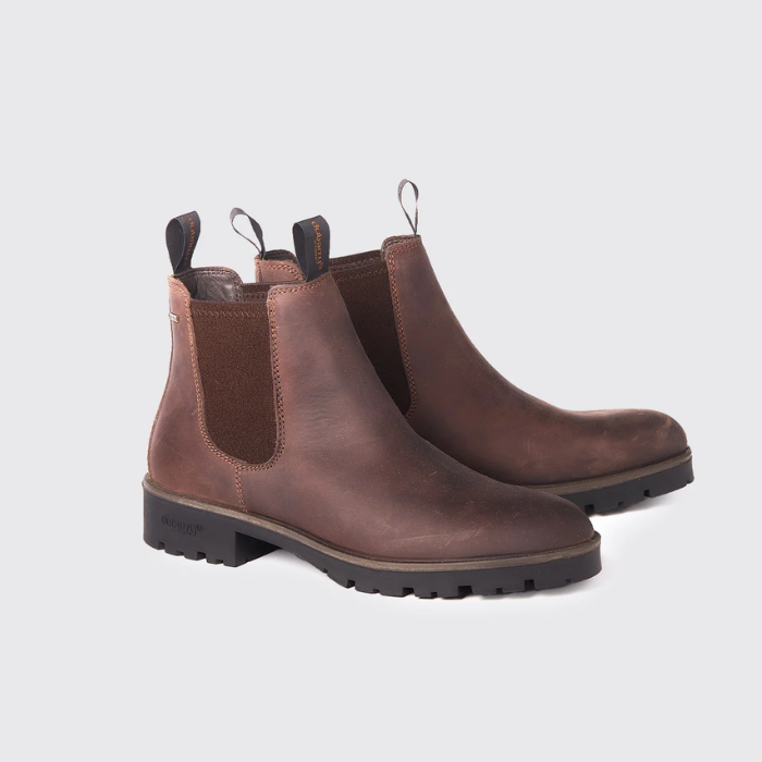Dubarry Mens Antrim Country Boots Variant Old Rum. A pair of dark brown leather Chelsea boots with elastic side panels and loop pull tabs, shown on a light gray background.