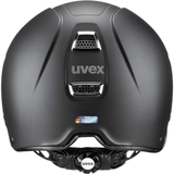 Matt black riding hat with chrome vents on white background 'Uvex'