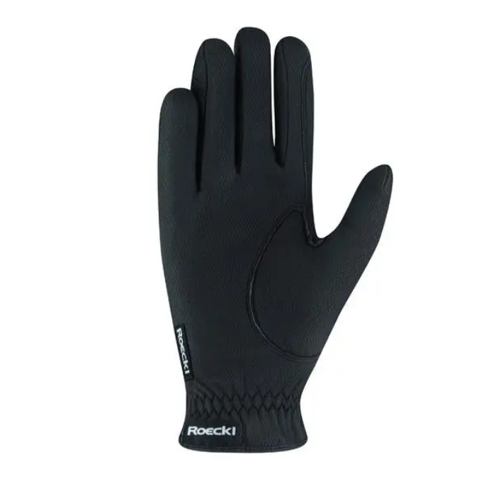 A single black Roecki winter glove shown flat against a solid white background, displaying the back of the hand and textured knit details.